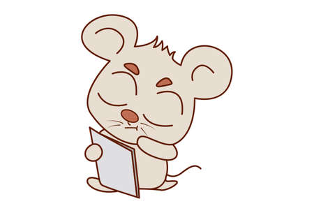 Vector cartoon illustration. Mouse is reading papers. Isolated on white background.のイラスト素材