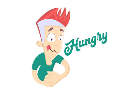 Vector cartoon illustration of a young boy holding stomach. Lettering text- hungry. Isolated on white background.のイラスト素材