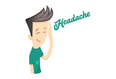 Vector cartoon illustration of a young boy feeling unwell. Lettering text- headache. Isolated on white background.のイラスト素材