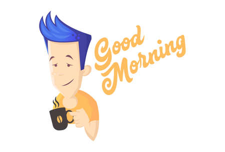 Vector cartoon illustration of boy holding a tea mug. Lettering text- good morning. Isolated on white background.のイラスト素材