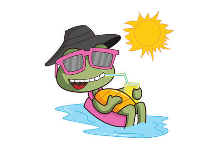 Vector cartoon illustration of turtle drinking juice and enjoying in the sun. Isolated on white background.のイラスト素材