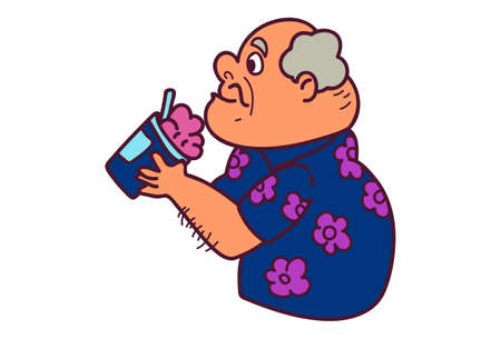 Vector cartoon illustration of old man eating ice cream. Isolated on white background.のイラスト素材