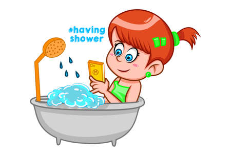 Vector cartoon illustration. Cute girl is taking shower and watching the phone. Lettering text - shaving shower. Isolated on white background.のイラスト素材