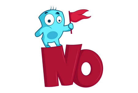 Vector cartoon illustration of a blue monster holding a flag. Lettering text- no.  Isolated on white background.のイラスト素材