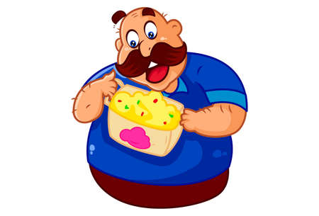 Vector cartoon illustration. Mustache man is holding an ice cream box. Isolated on white background.のイラスト素材