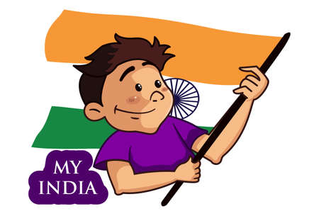 Vector cartoon illustration of a happy boy holding the flag in hand. Lettering text- My India. Isolated on a white background.のイラスト素材