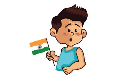 Vector cartoon illustration of a boy holding the flag in hand. Isolated on a white background.のイラスト素材