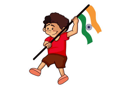 Vector cartoon illustration. Happy boy holding the Indian flag in hands and running. Isolated on a white background.のイラスト素材