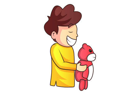 Vector cartoon illustration of a boy holding teddy bear toy in hand. Isolated on a white background.のイラスト素材