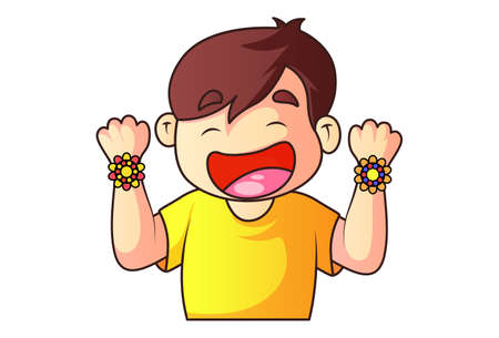 Vector cartoon illustration. Boy is showing rakhi on hands. Isolated on a white background.のイラスト素材
