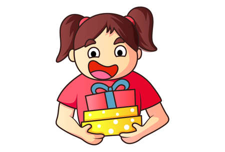 Vector cartoon illustration. Girl holding the gift box in hands. Isolated on a white background.のイラスト素材