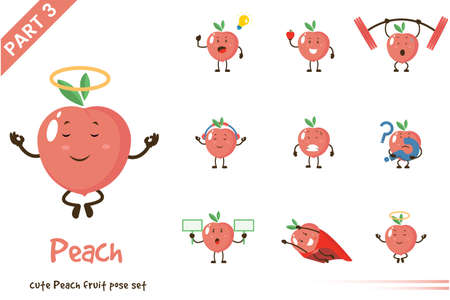 Vector illustration of cartoon cute peach fruit poses set. Isolated on white background.のイラスト素材