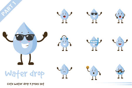 Vector cartoon illustration of cute water drop poses set. Isolated on white background.のイラスト素材