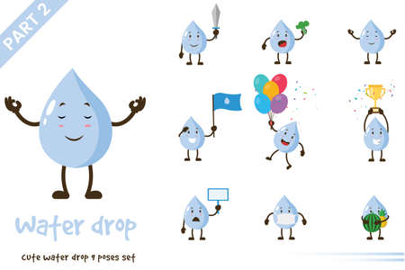 Vector illustration of cute water drop poses set. Isolated on white background.のイラスト素材