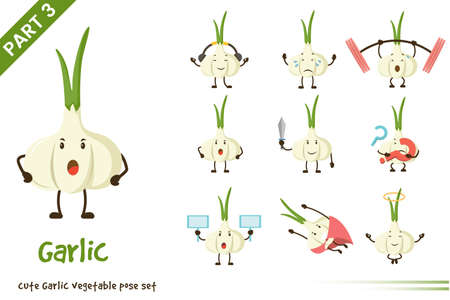 Vector illustration of cartoon cute garlic vegetable poses set. Isolated on white background.のイラスト素材