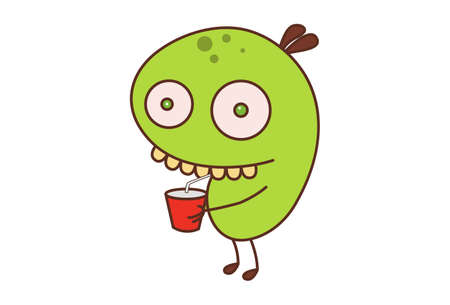 Vector cartoon illustration. Bean monster is drinking juice. Isolated on white background.のイラスト素材