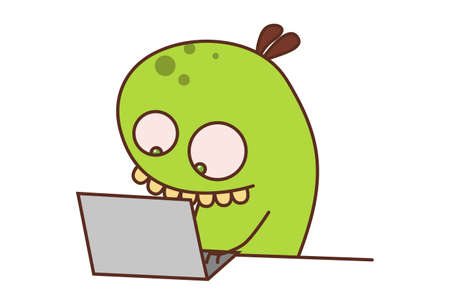 Vector cartoon illustration. Bean monster is working on a laptop. Isolated on white background.のイラスト素材