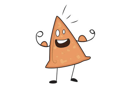 Vector cartoon illustration. Samosa is showing muscles. Isolated on white background.のイラスト素材