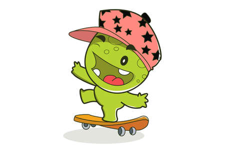 Vector cartoon illustration. Monster is wearing a cap and riding a skateboard. Isolated on white background.のイラスト素材