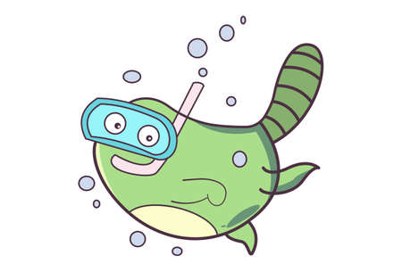 Vector cartoon illustration of a monster wearing diving glasses and swimming in water. Isolated on white background.のイラスト素材