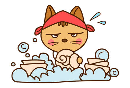 Vector cartoon illustration. Cute cat is washing dishes. Isolated on white background.のイラスト素材
