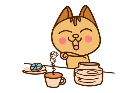 Vector cartoon illustration. Cat is making tea. Isolated on white background.のイラスト素材