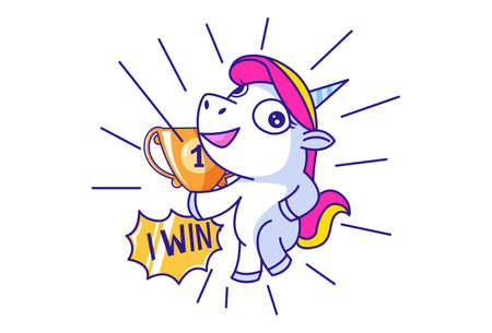 Vector cartoon illustration. Unicorn is holding a trophy in hand. Lettering text- I win. Isolated on white background.のイラスト素材