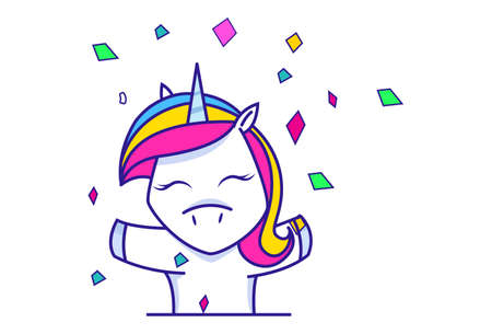 Vector cartoon illustration. Unicorn is celebrating the party. Isolated on white background.のイラスト素材