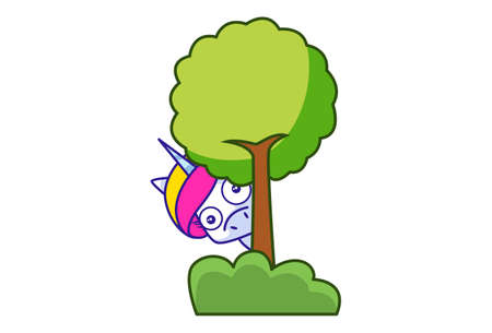 Vector cartoon illustration. Unicorn is hiding behind a tree. Isolated on white background.のイラスト素材