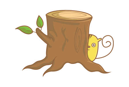 Vector cartoon illustration. Cute rat is hiding behind the cut tree trunk. Isolated on white background.のイラスト素材