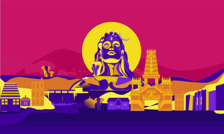 Vector cartoon illustration of the Coimbatore skyline. Isolated on a colored background.