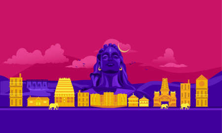 Vector cartoon illustration of the Coimbatore skyline. Isolated on a colored background.のイラスト素材