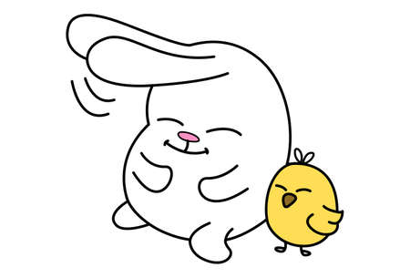 Vector cartoon illustration. Cute bunny is sitting with the duck. Isolated on white background.のイラスト素材