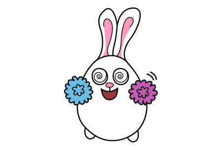 Vector cartoon illustration. Cute bunny is cheering with pom-poms. Isolated on white background.のイラスト素材