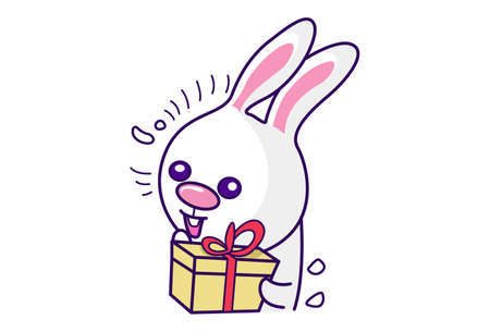 Vector cartoon illustration. Cute bunny is holding a gift box in hands. Isolated on white background.のイラスト素材