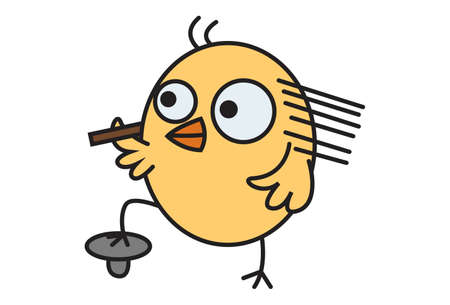 Vector cartoon illustration. Cute chick is holding a stick in hand. Isolated on white background.のイラスト素材