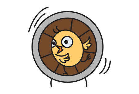 Vector cartoon illustration. Cute chick is running on a wheel. Isolated on white background.のイラスト素材