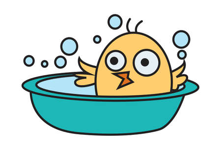 Vector cartoon illustration. Cute chick is bathing in a tub. Isolated on white background.のイラスト素材