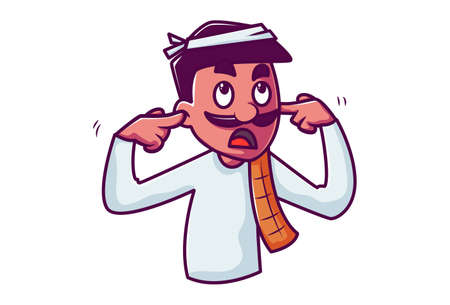 Vector cartoon illustration. Man is closing ears with his fingers. Isolated on white background.のイラスト素材