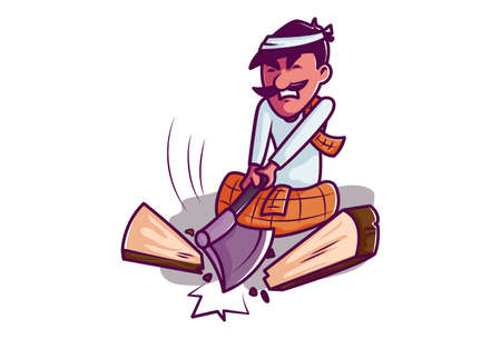 Vector cartoon illustration. Man is cutting wood with an axe. Isolated on white background.のイラスト素材