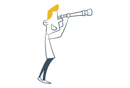 Vector cartoon illustration. Line man is watching from a small telescope. Isolated on white background.のイラスト素材