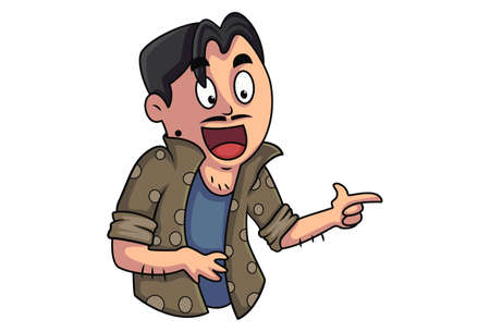 Vector cartoon illustration. Man is happy and pointing his finger. Isolated on a white background.のイラスト素材