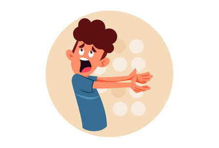 Vector cartoon illustration. Cute boy is angry and spreads his hands. Isolated on white background.のイラスト素材