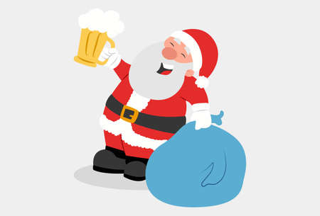 Vector cartoon illustration. Santa Claus is holding a gift bag in one hand and a beer glass in another hand. Isolated on a grey background.のイラスト素材