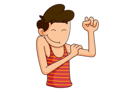 Vector cartoon illustration of boy is showing his arm muscles. Isolated on white background.のイラスト素材