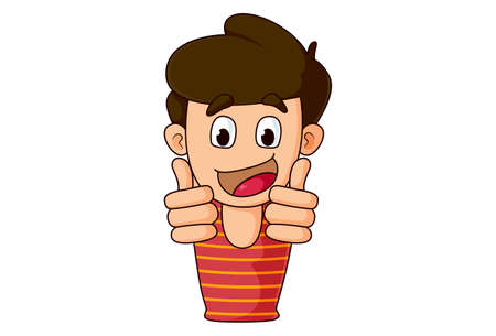 Vector cartoon illustration of boy is laughing and showing thumbs up with both hands. Isolated on white background.のイラスト素材
