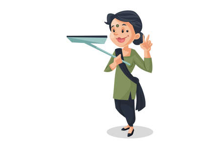 Vector graphic illustration. House maid is holding a mop.. Individually on a white background.のイラスト素材