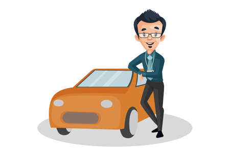 Vector graphic illustration. Banker is standing with car. Individually on white background.のイラスト素材