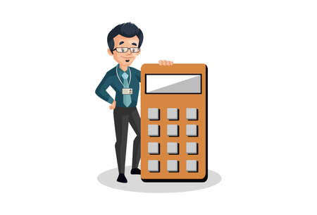 Vector graphic illustration. Banker is showing calculator. Individually on white background.のイラスト素材