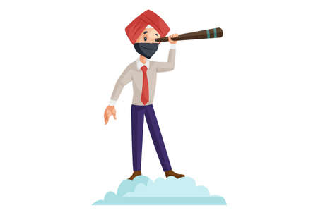 Vector graphic illustration of Punjabi businessman with the telescope. Individually on a white background.のイラスト素材